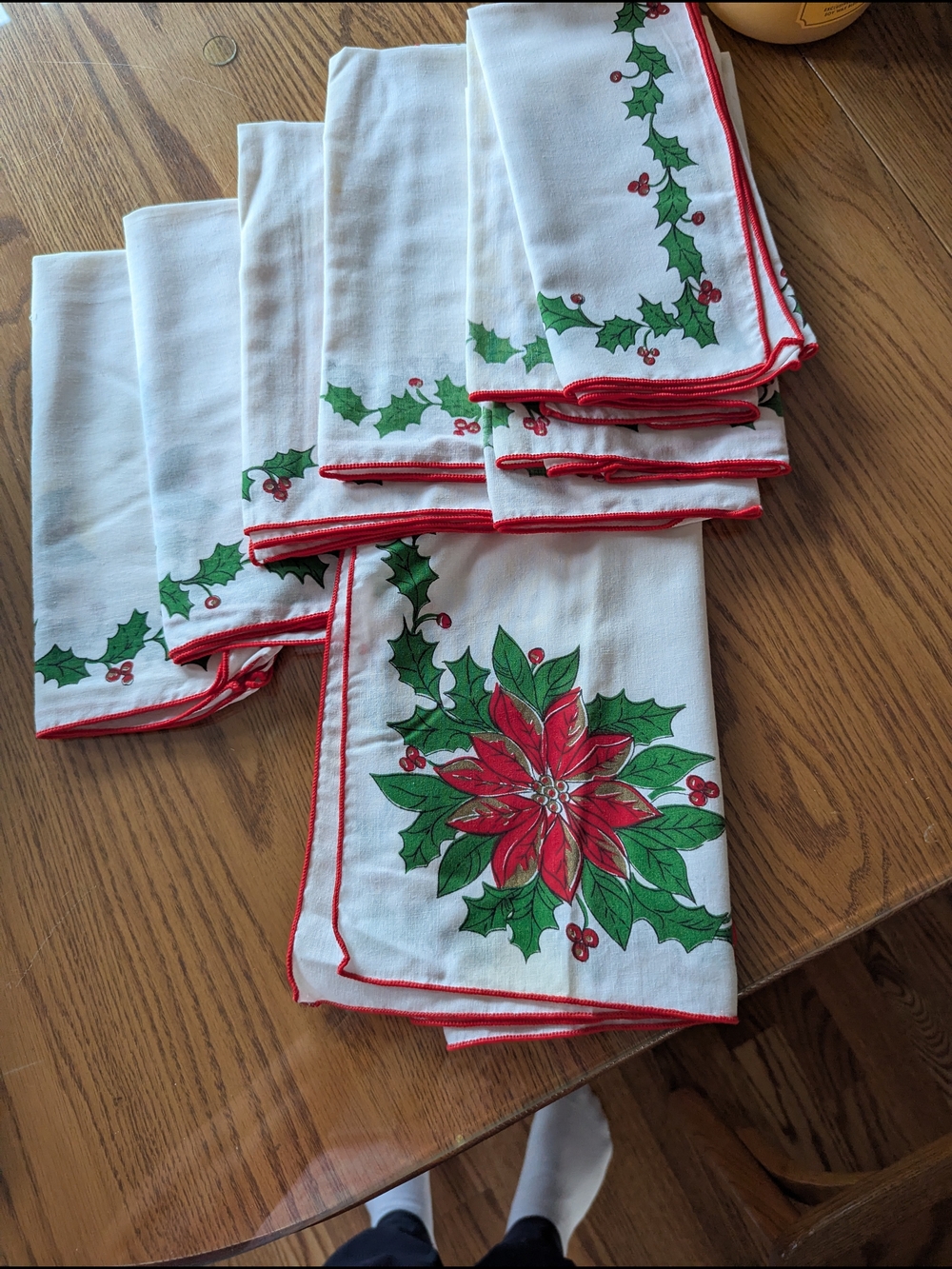 Holiday Poinsettia Napkins with Holly Border - Set of 8, Vintage